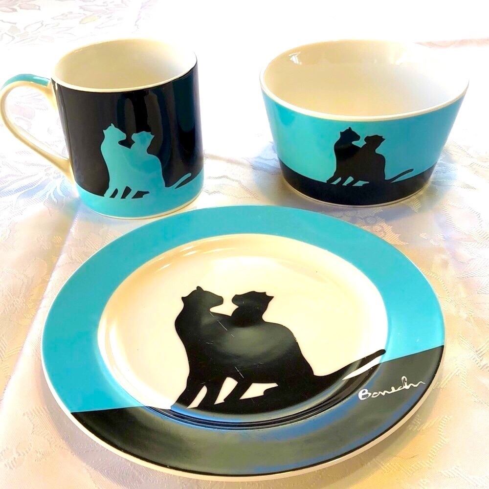 Cat Tableware Set, Three Piece, Aqua Blue